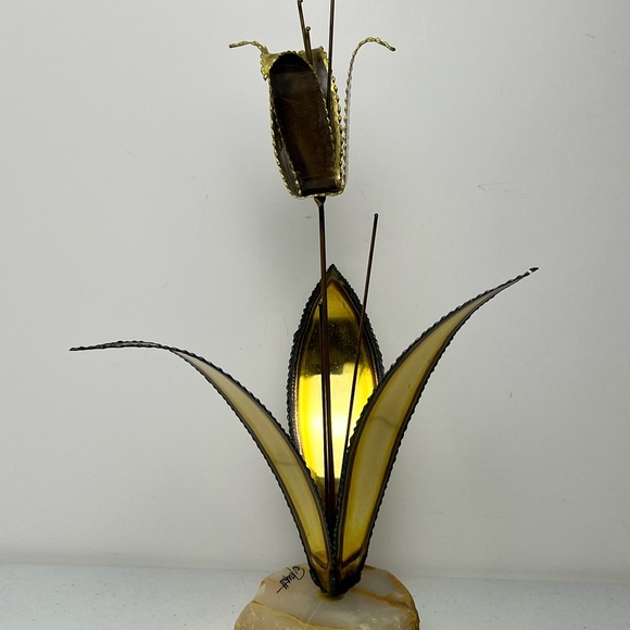 MCM Brutalist Floral Sculpture Brass Copper Signed John DeMott Onyx Base - Picture 5 of 15